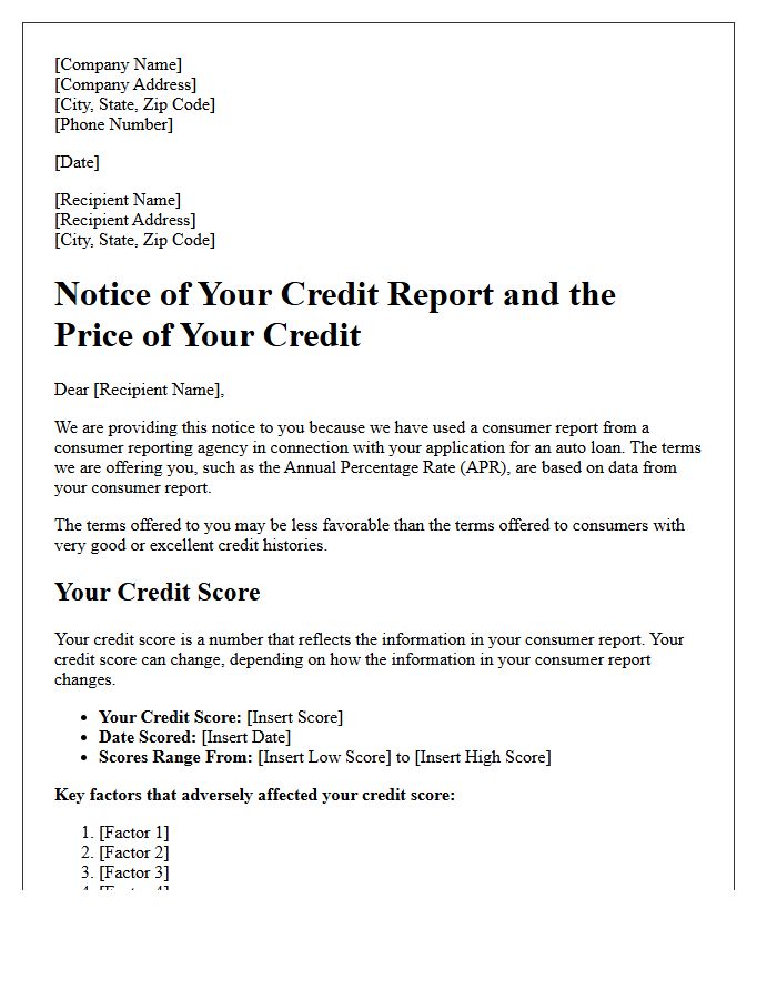 Auto Loan Risk-Based Pricing Notice Letter