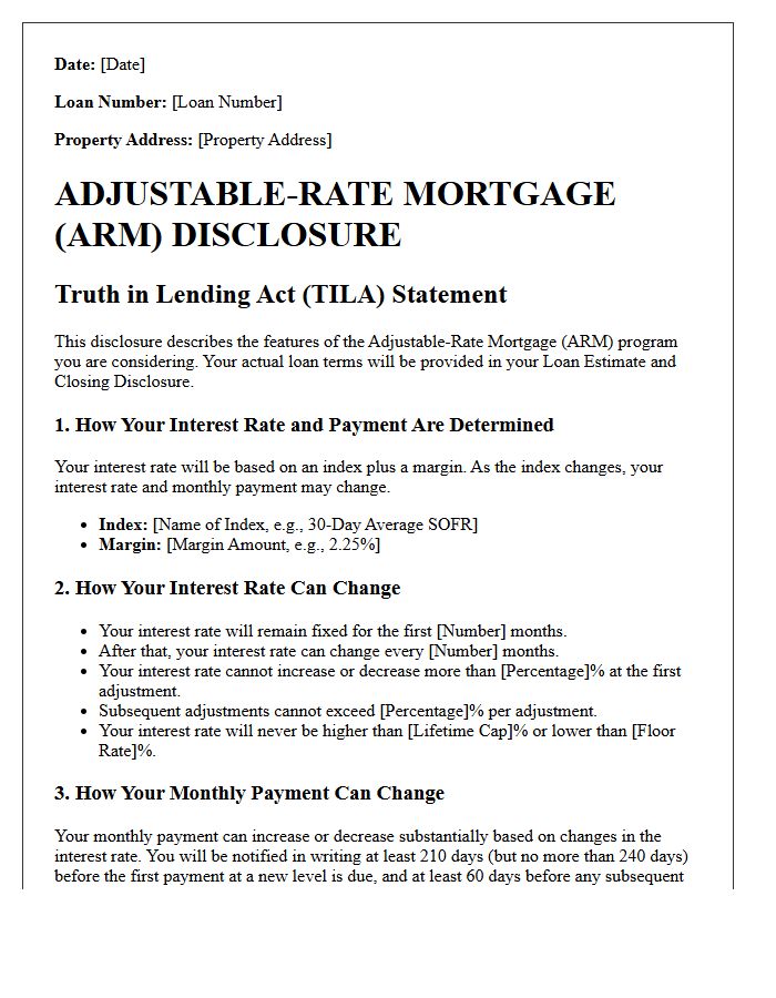 Adjustable Rate Mortgage Truth in Lending Act Disclosure Letter