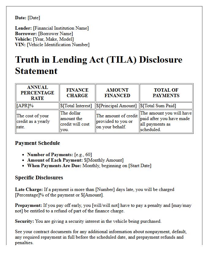 Auto Loan Truth in Lending Act Disclosure Letter