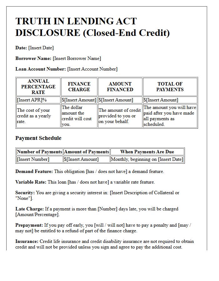 Closed-End Credit Truth in Lending Act Disclosure Letter