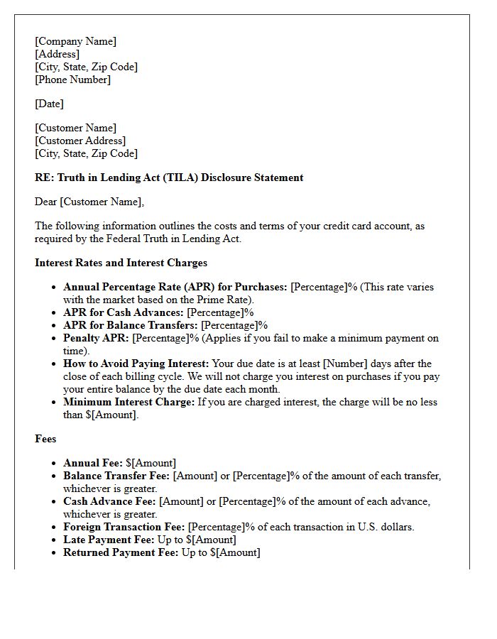 Credit Card Truth in Lending Act Disclosure Letter