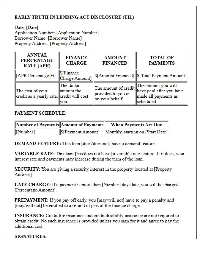 Early Truth in Lending Act Disclosure Letter