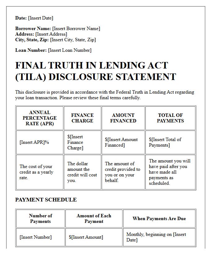 Final Truth in Lending Act Disclosure Letter