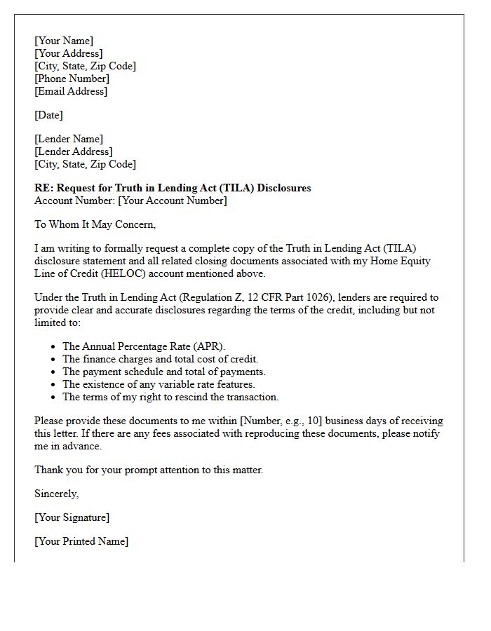 Home Equity Line of Credit Truth in Lending Act Letter