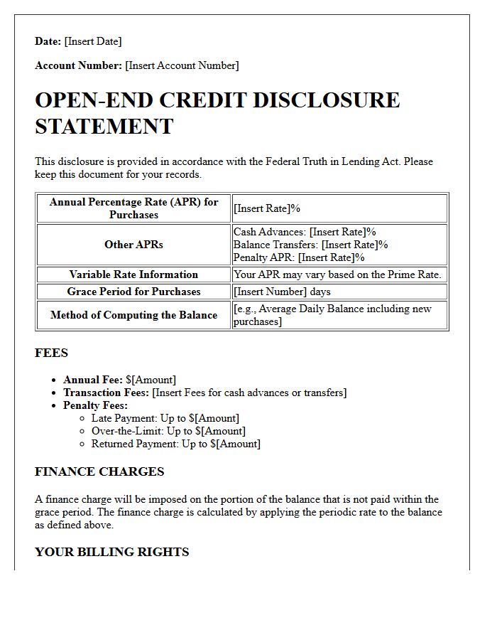 Open-End Credit Truth in Lending Act Disclosure Letter