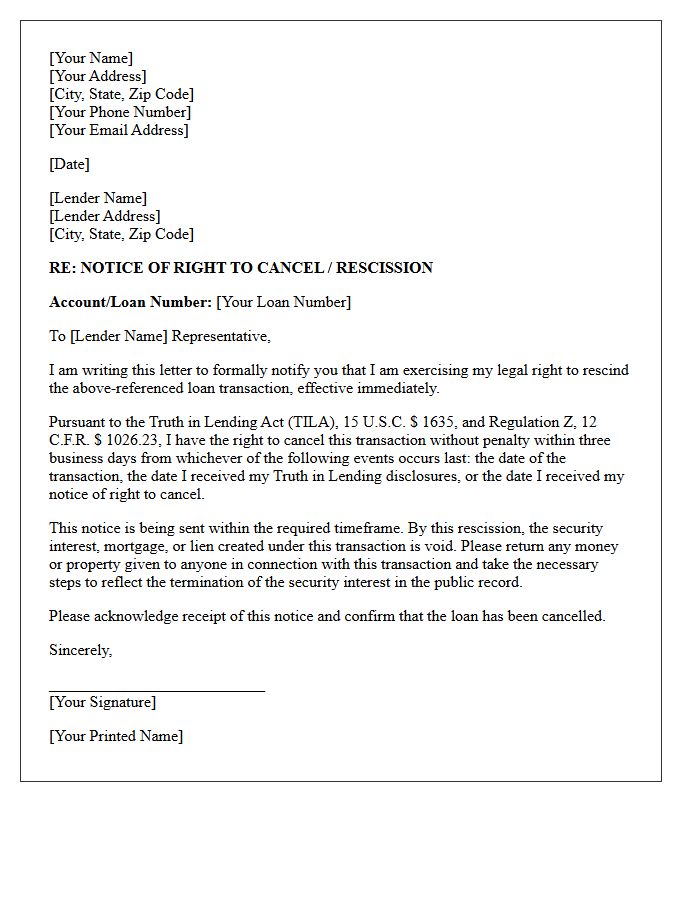 Right of Rescission Truth in Lending Act Letter