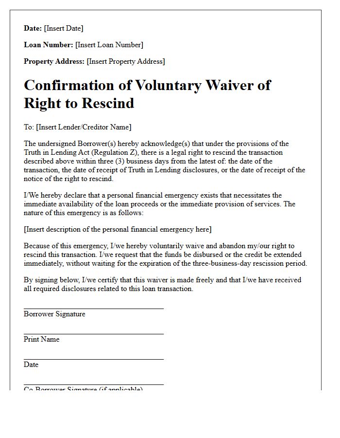 Confirmation of Voluntary Waiver of Right to Rescind Letter