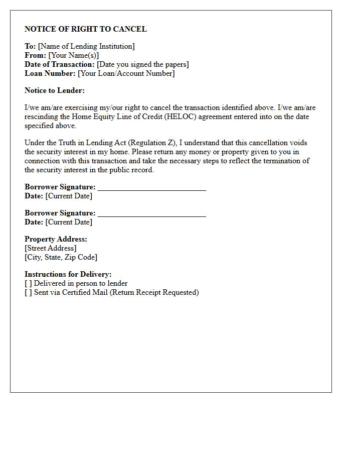 Home Equity Line of Credit Right to Rescind Letter