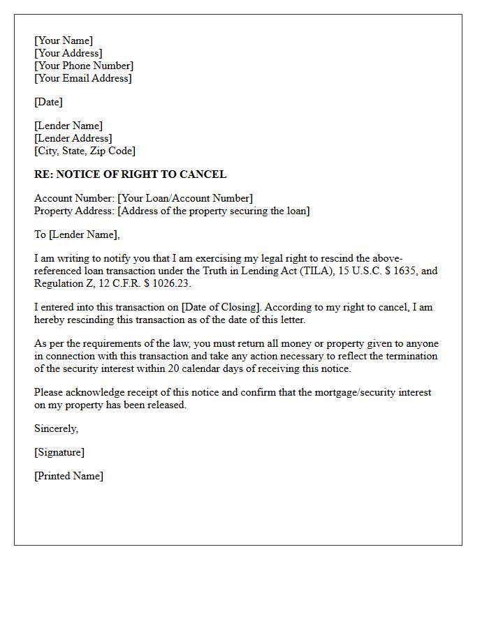 Truth in Lending Act Right to Rescind Letter