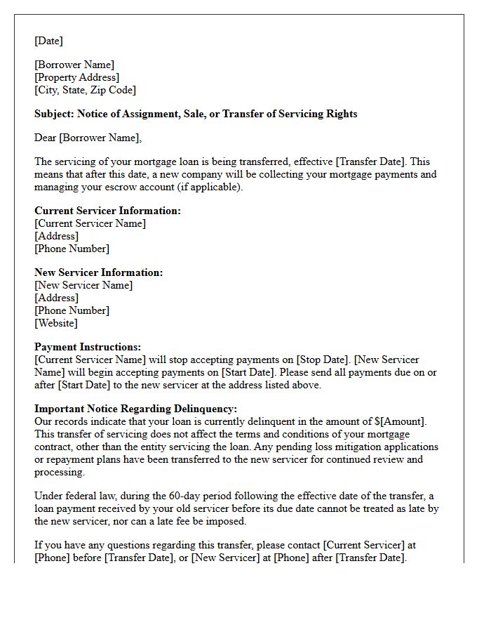 Delinquent Mortgage Servicing Transfer Letter