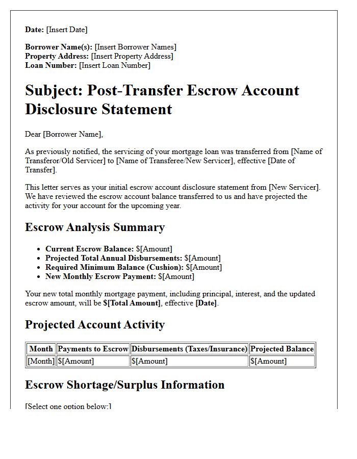 Post-Transfer Escrow Account Disclosure Letter