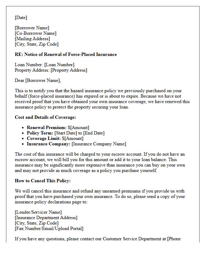 Annual Renewal of Force-Placed Coverage Letter