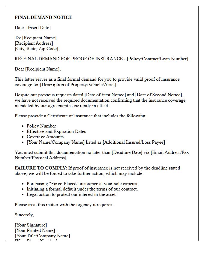 Final Demand for Proof of Insurance Letter