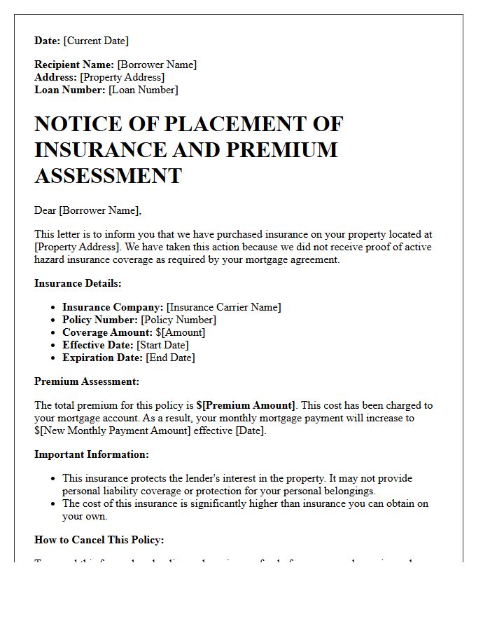 Force-Placed Insurance Premium Assessment Letter