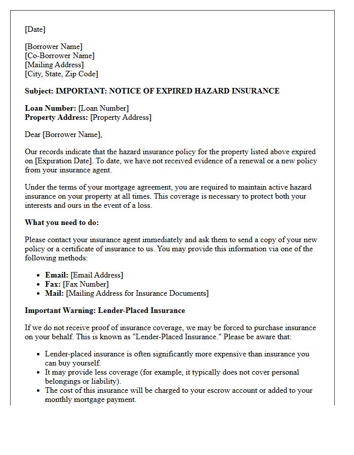Initial Notice of Expired Hazard Insurance Letter