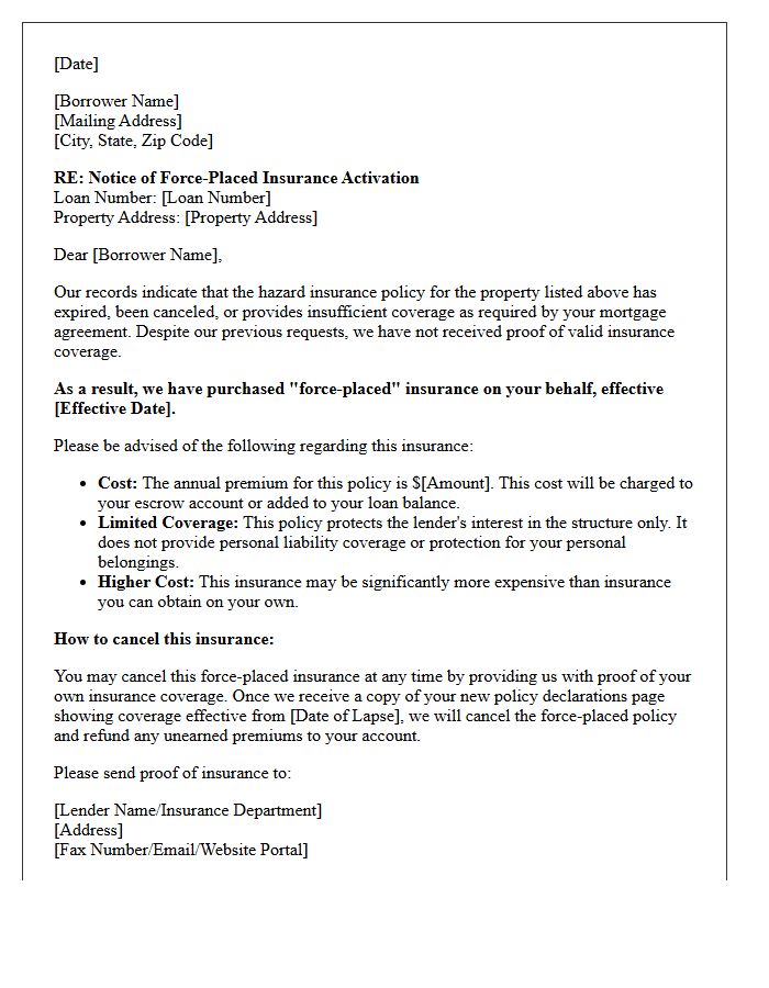 Notice of Force-Placed Insurance Activation Letter