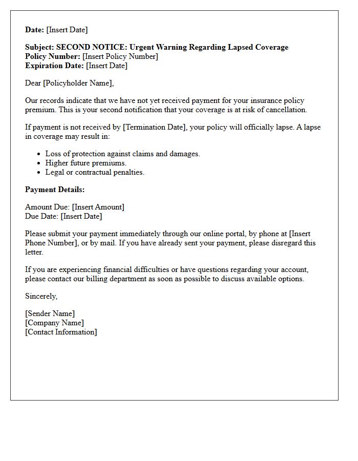 Second Warning of Lapsed Coverage Letter