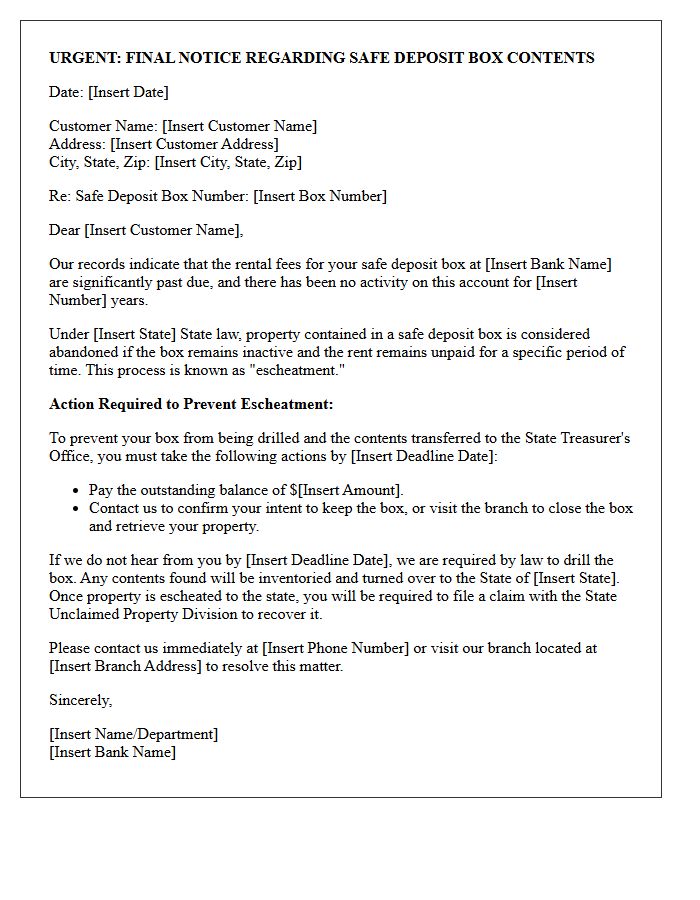 Safe Deposit Box Escheatment Warning Letter