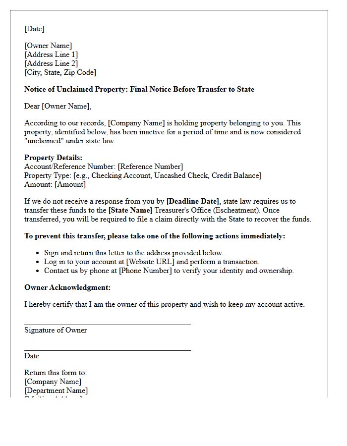 State Escheatment Transfer Notice Letter