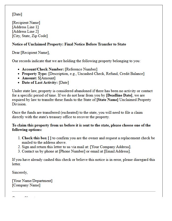 Unclaimed Property Escheatment Pending Letter
