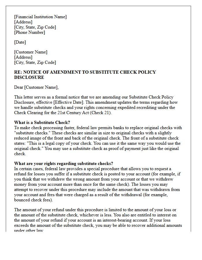 Amended Substitute Check Policy Disclosure Letter