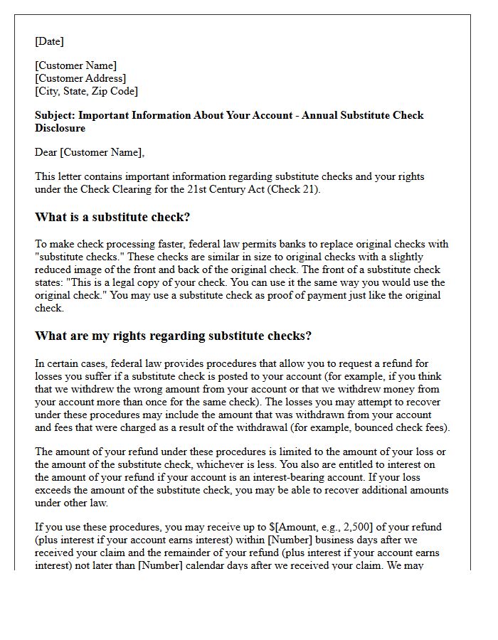 Annual Substitute Check Policy Disclosure Letter