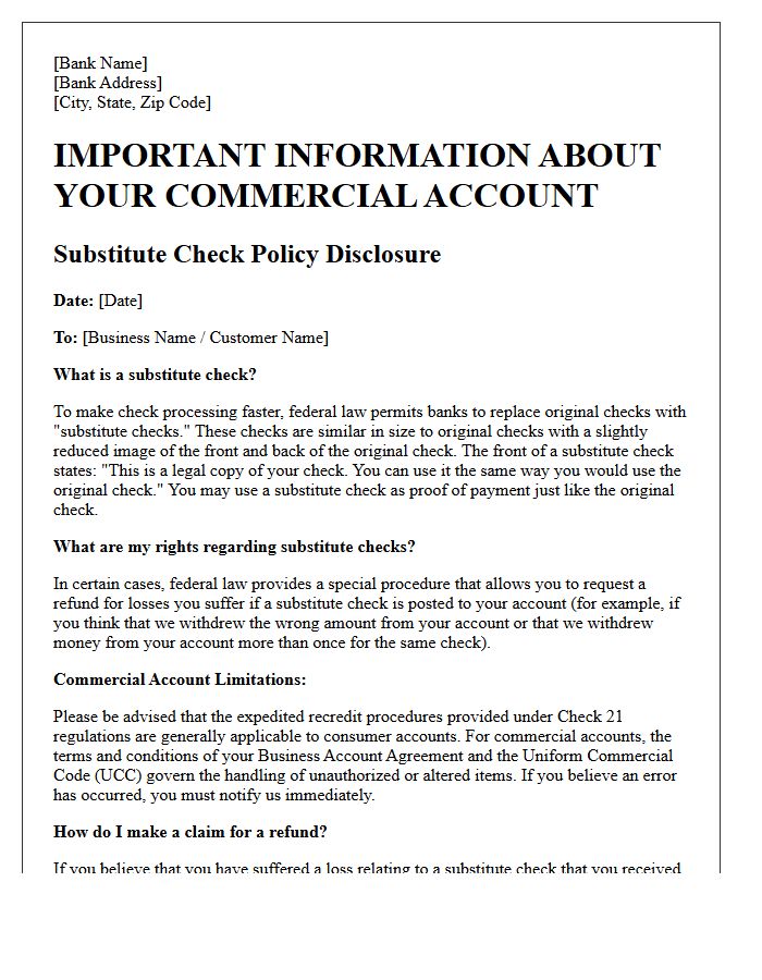 Commercial Substitute Check Policy Disclosure Letter