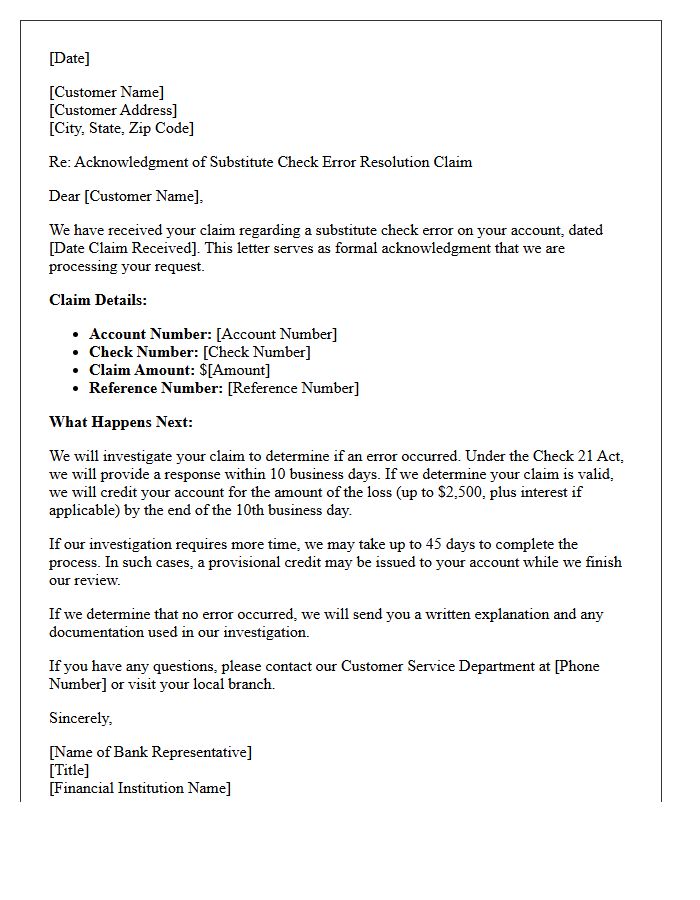 Substitute Check Claim Acknowledgment Letter