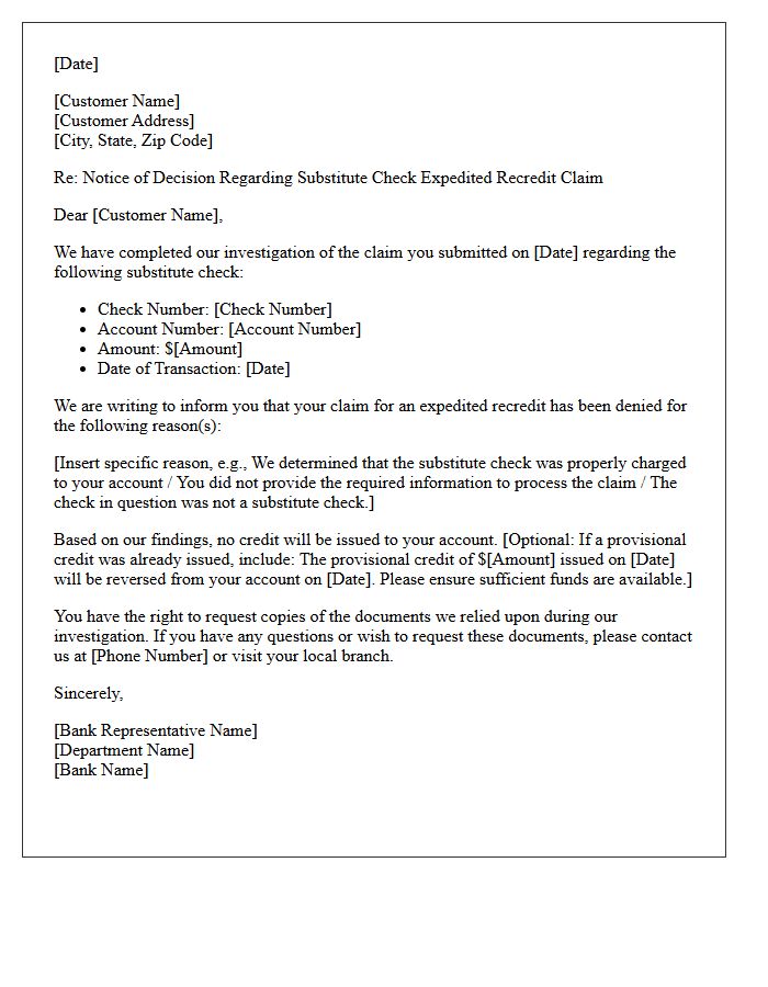 Substitute Check Claim Denial Letter