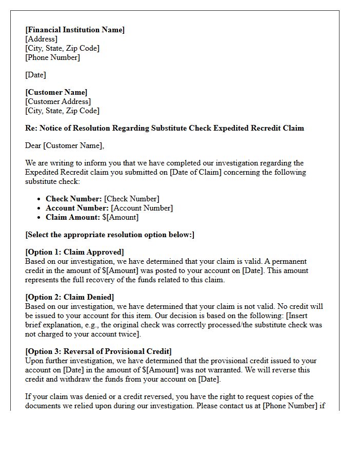 Substitute Check Claim Resolution Letter