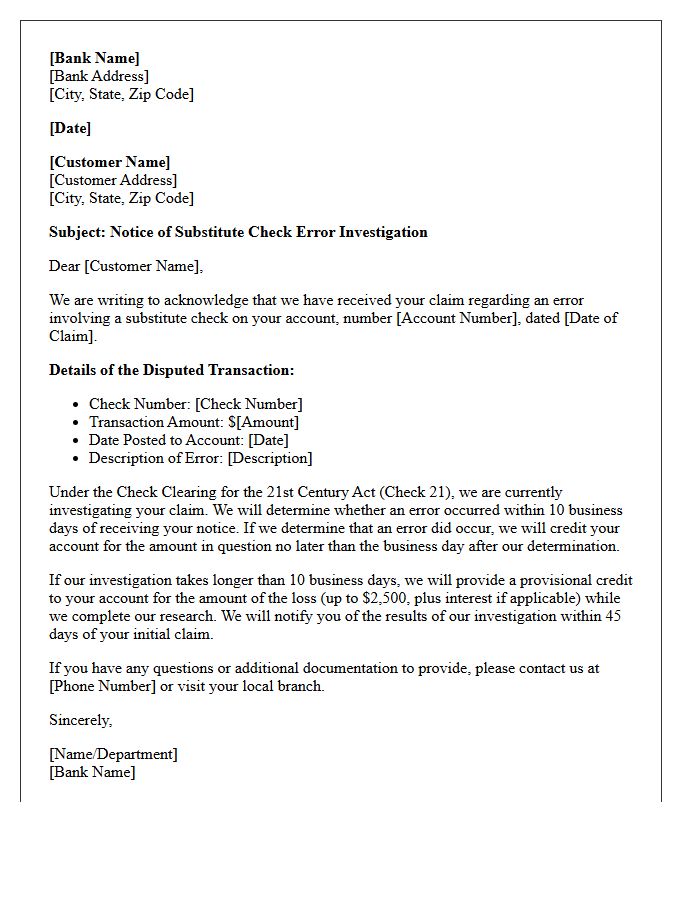 Substitute Check Error Investigation Notice Letter