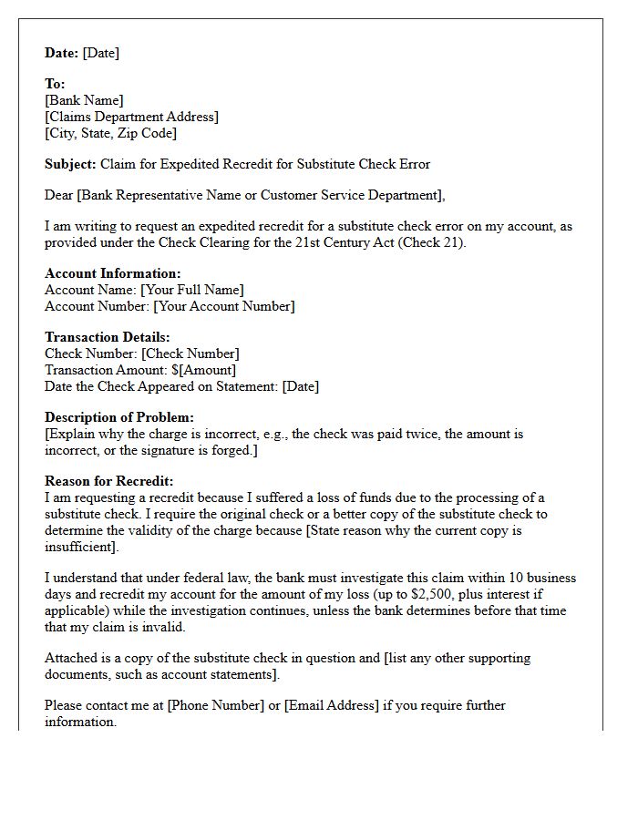 Substitute Check Expedited Recredit Claim Letter