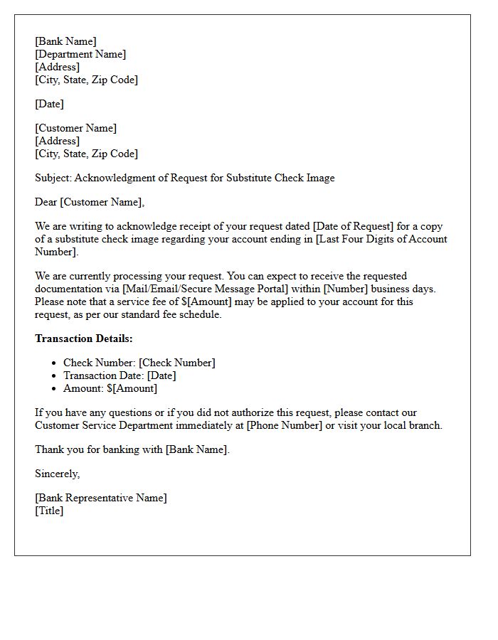 Substitute Check Image Request Acknowledgment Letter