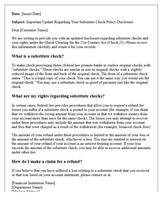 Updated Substitute Check Policy Disclosure Letter