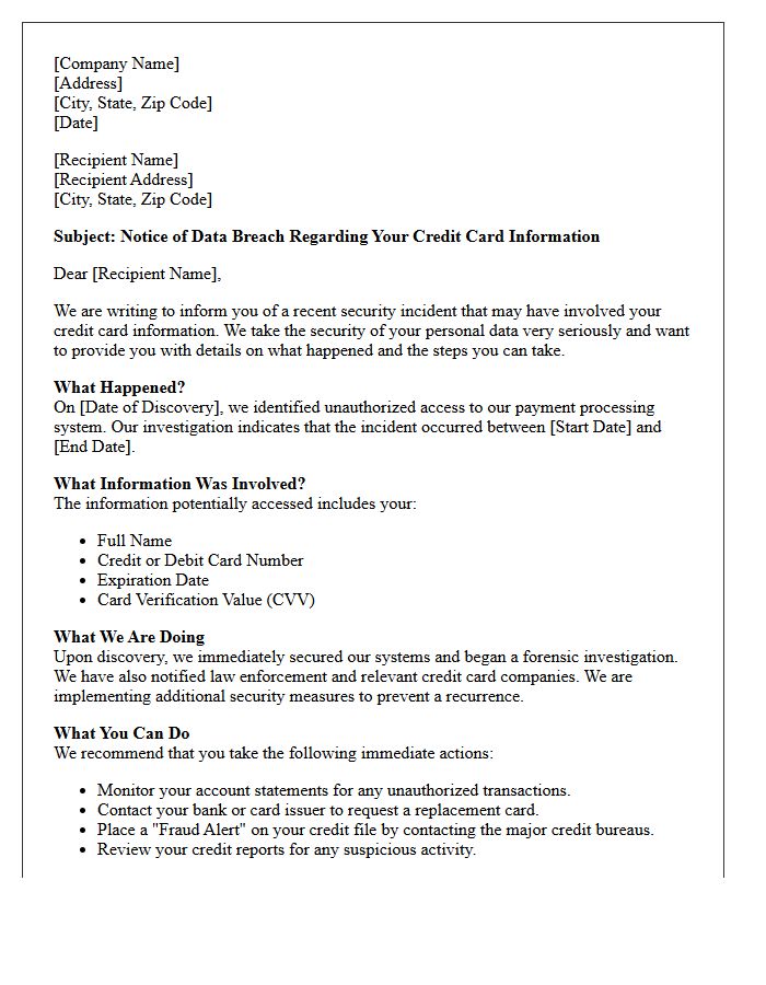 Compromised Credit Card Information Security Letter