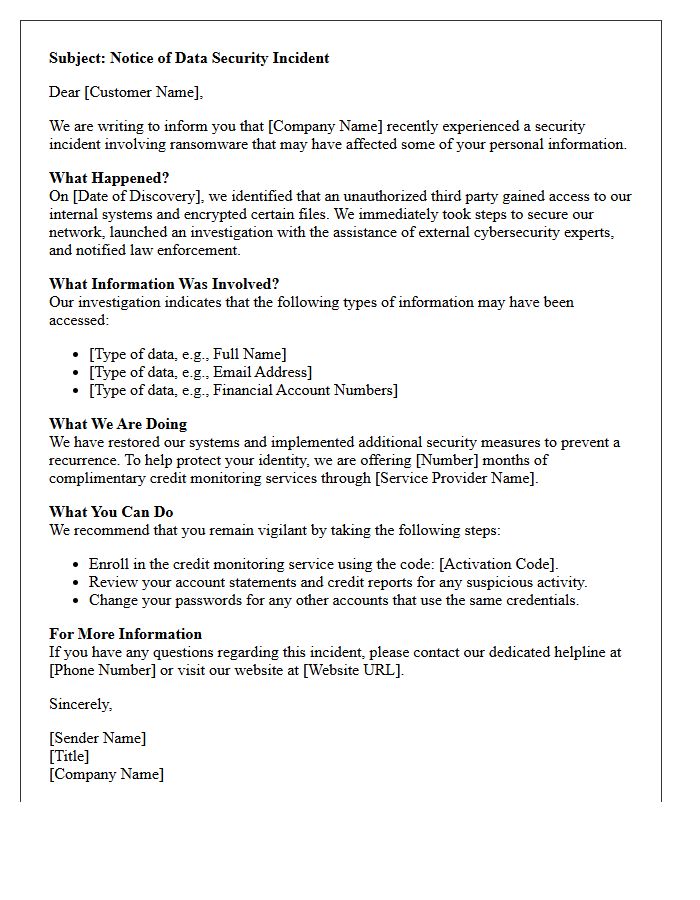 Customer Notice of Ransomware Incident Letter