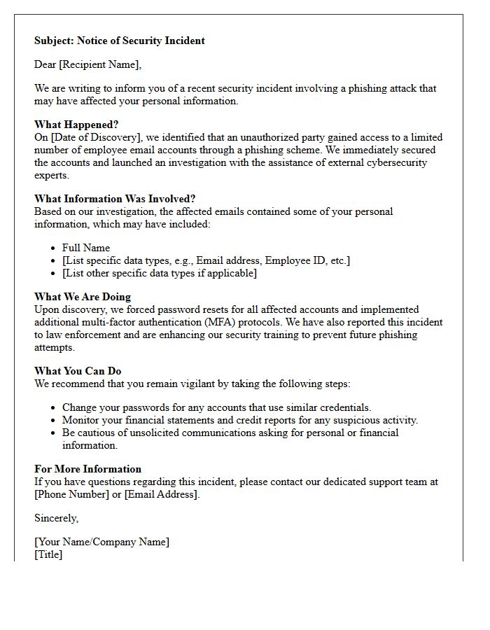 Notice of Phishing Breach and Security Incident Letter