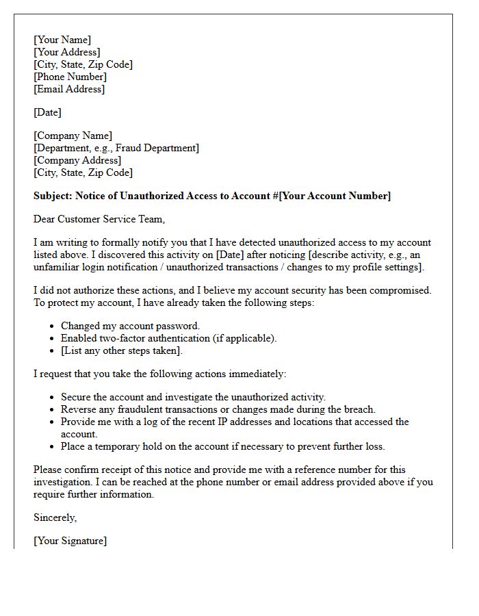 Notice of Unauthorized Account Access Letter