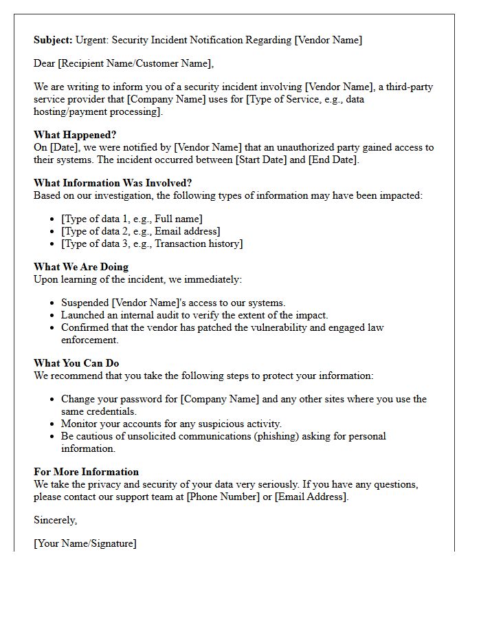 Third-Party Vendor Security Incident Letter