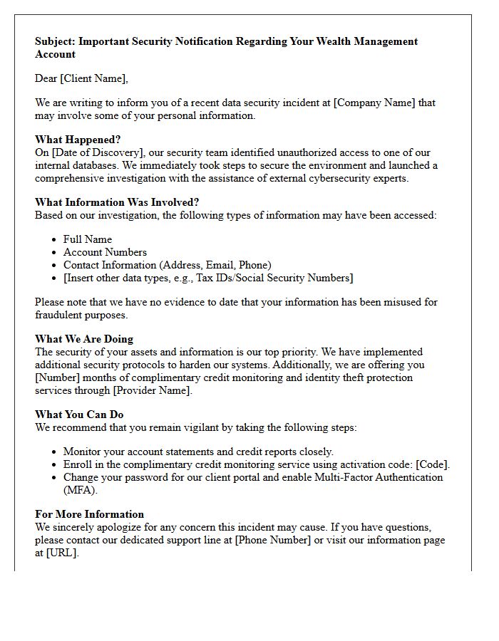 Wealth Management Database Security Incident Letter