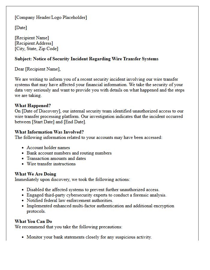 Wire Transfer System Security Incident Letter