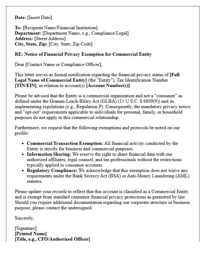 Commercial Entity Financial Privacy Exemption Letter