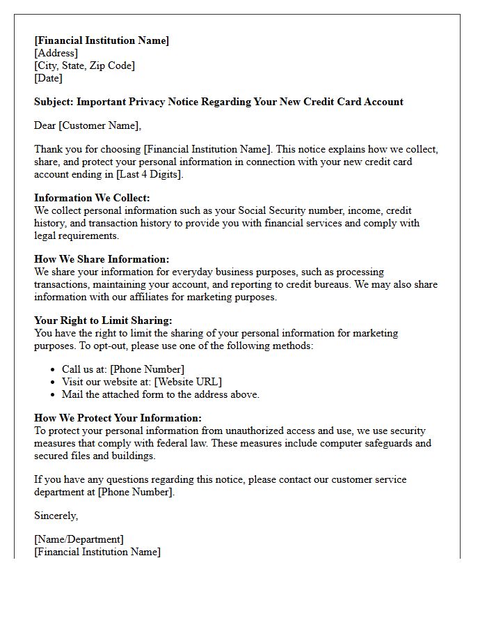 Credit Card Issuance Financial Privacy Notice Letter