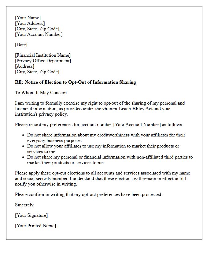 Customer Opt-Out Financial Privacy Election Letter