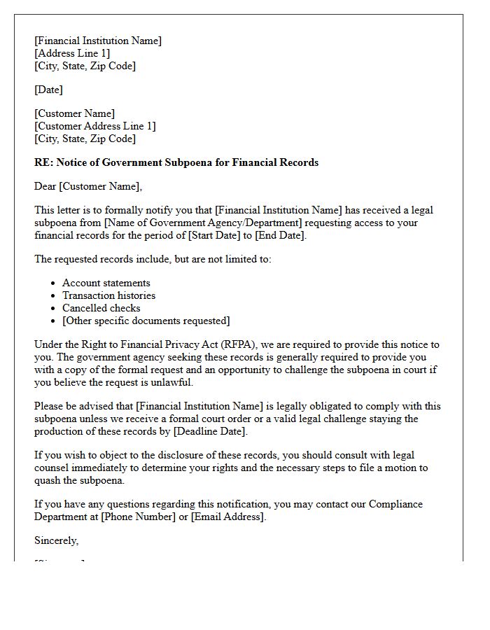 Government Subpoena Financial Privacy Notification Letter