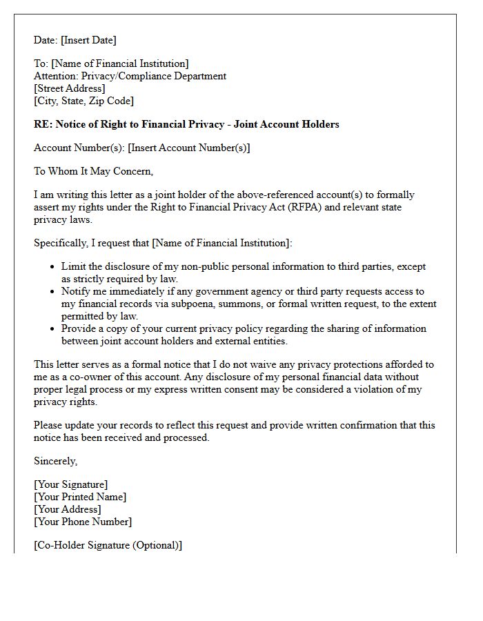 Joint Account Holder Right To Financial Privacy Letter