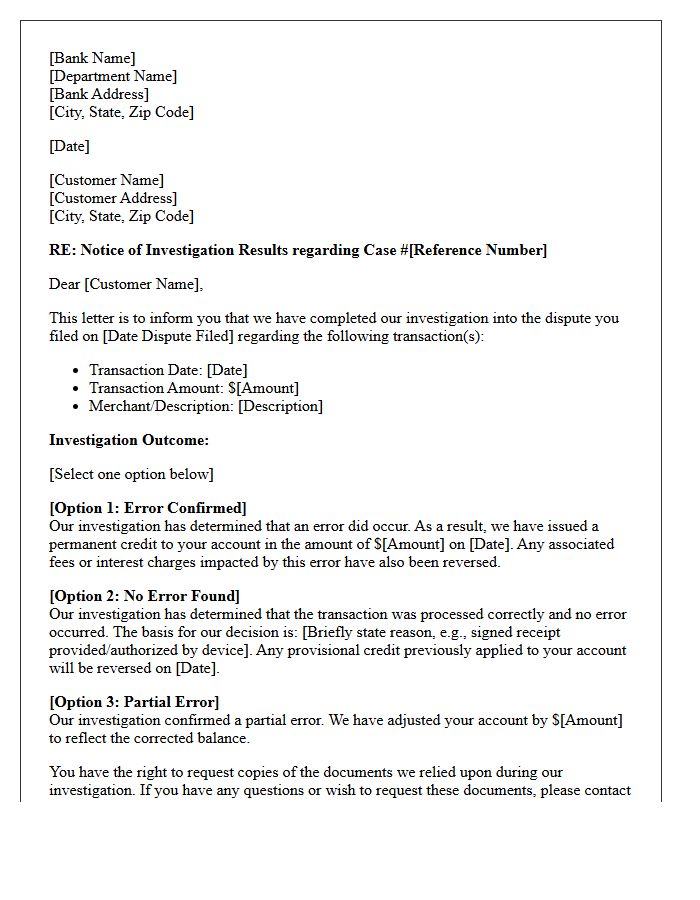Bank Account Dispute Investigation Results Notice Letter