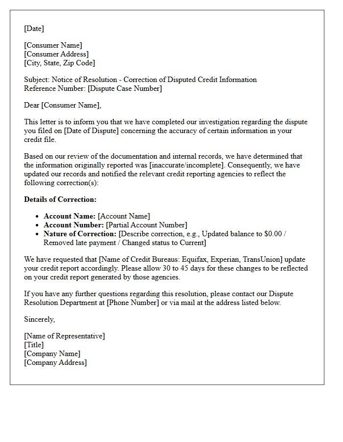 Corrected Credit Information Dispute Resolution Notice Letter