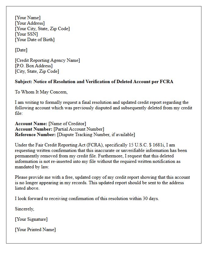 Deleted Account Fair Credit Reporting Act Resolution Letter