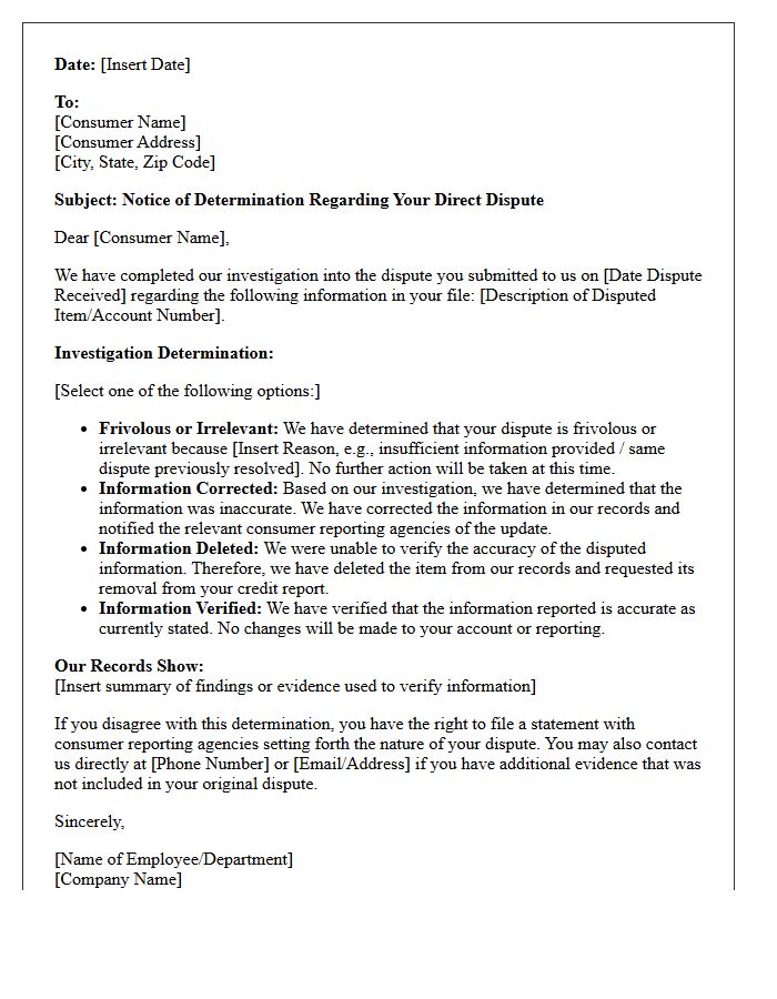 Direct Dispute Resolution Determination Notice Letter